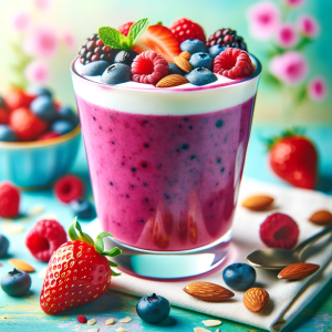 A vibrant image showcasing a Berry Almond Smoothie in a glass. The smoothie is vivid with mixed berries like strawberries, blueberries, and raspberries.