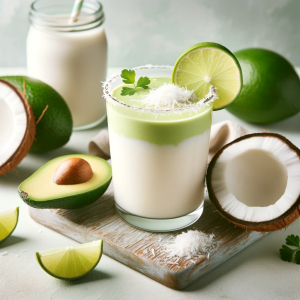 An image of an Avocado Coconut Smoothie in a glass. The smoothie is a creamy blend of avocado and coconut milk, garnished with a slice of lime and coconut.