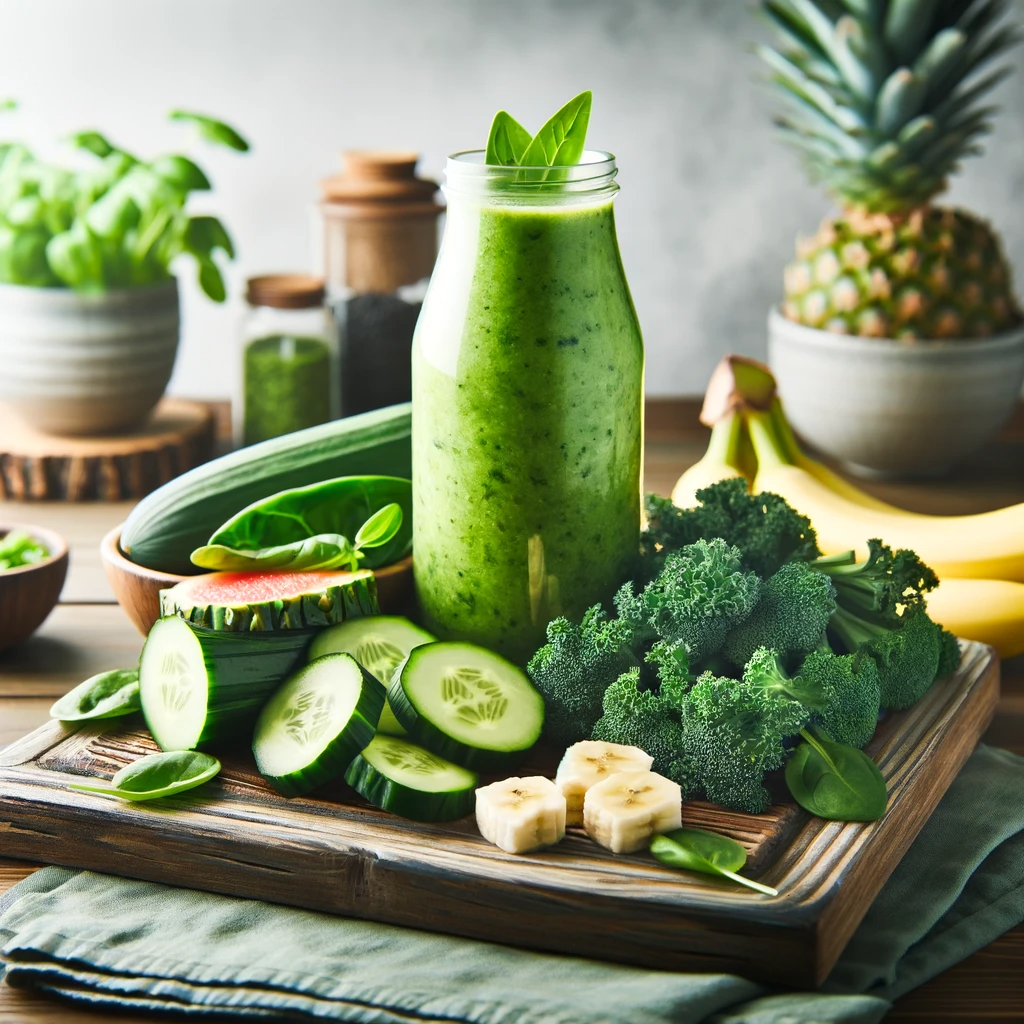 visual representation of the power-packed smoothie recipe, blending green vegetables with sweet fruits like banana or pineapple. Enhancing the Iron Rich Smoothie Recipes for Kids website.