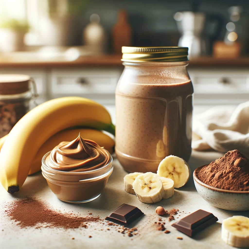 A-visually-enticing-smoothie-recipe-display-featuring-a-jar-of-creamy-peanut-butter-a-ripe-banana-and-a-small-container-of-cocoa-powder. Enhancing the Iron Rich Smoothie Recipes for Kids website.