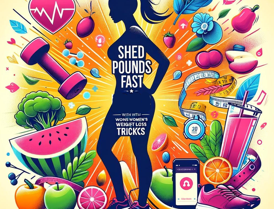 Graphic showing slim woman surrounded by items and foods that have aided her weight loss.