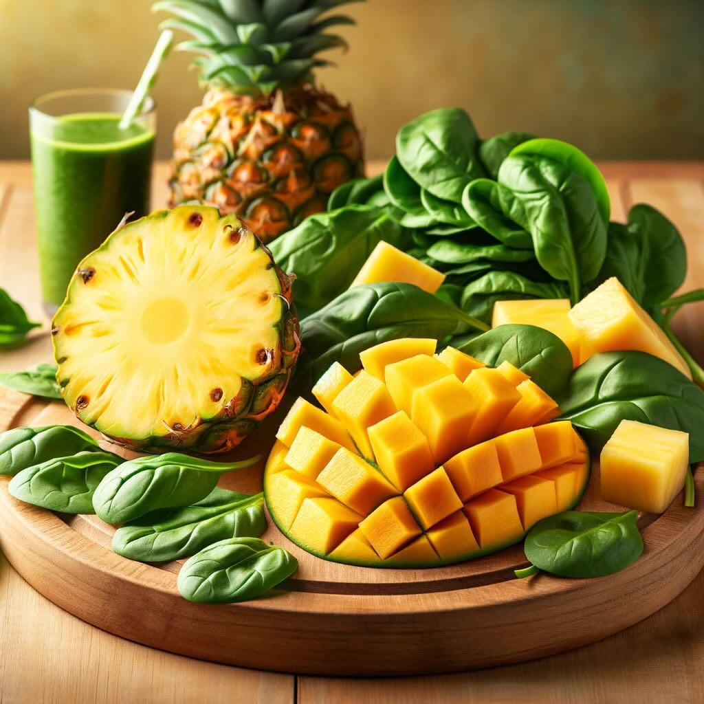 A picture of pineapple, mango chunks and spinach. Enhancing the Iron Rich Smoothie Recipes for Kids website.